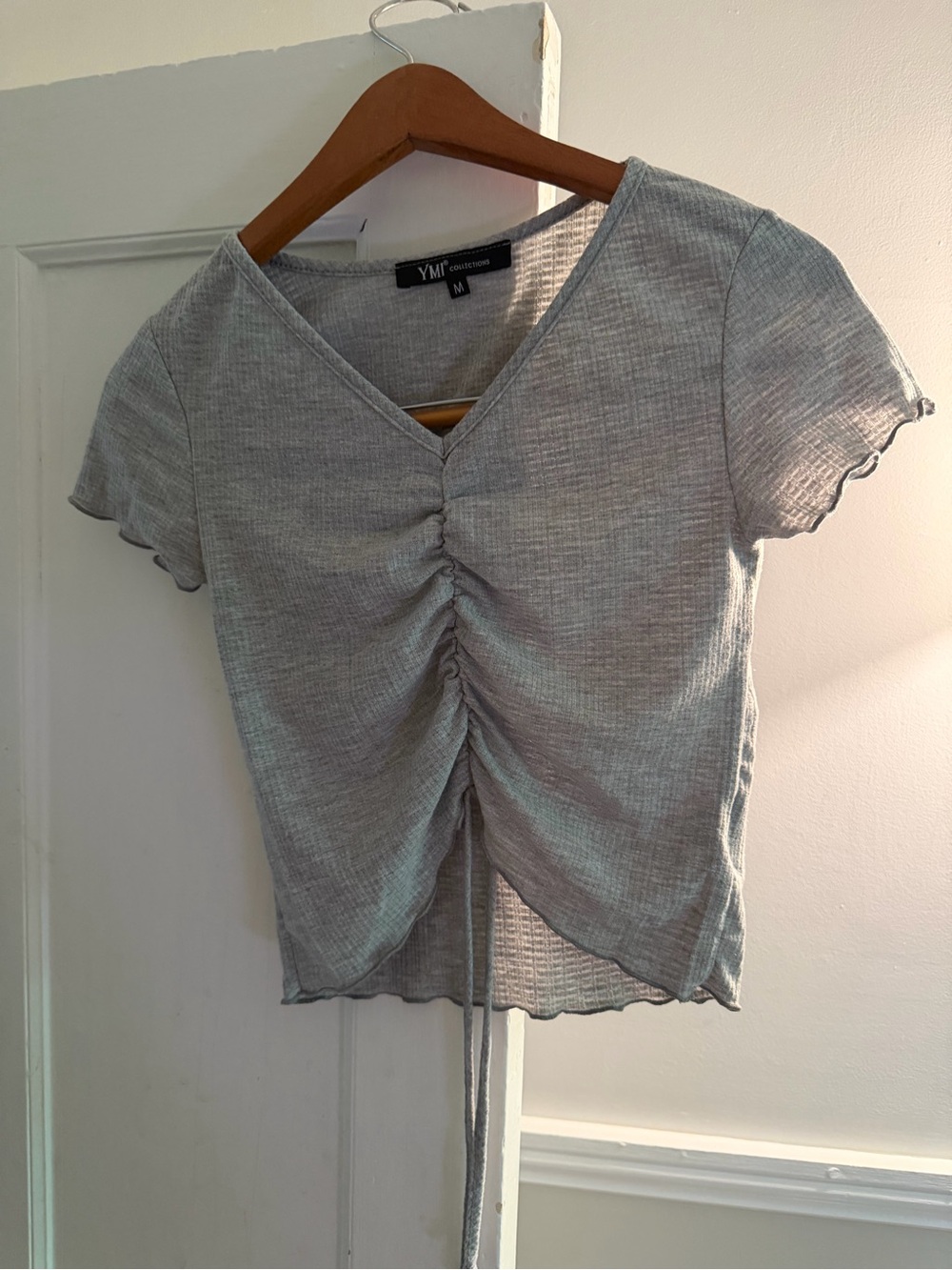 YMI Heather Gray Ruched V-Neck Crop Top